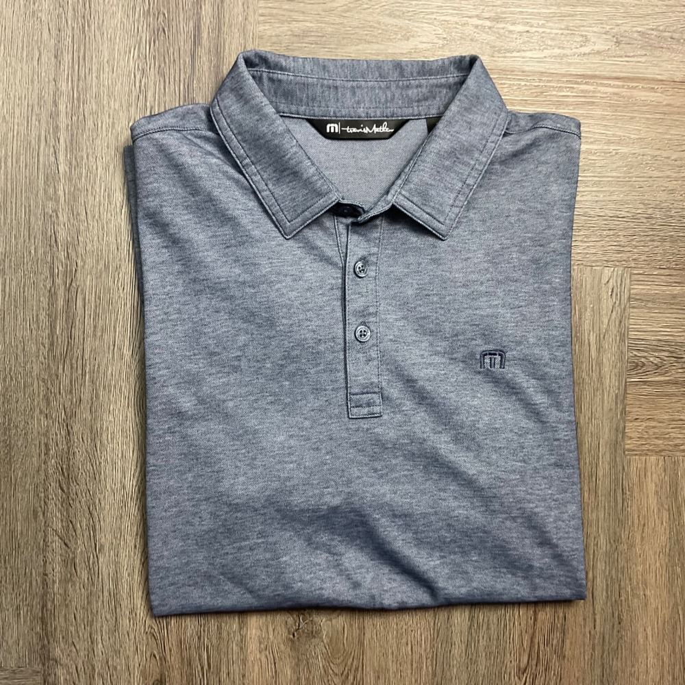 TravisMathew Polo Shirt Mens Large Blue Heathered Short Sleeve Golf Logo Preppy